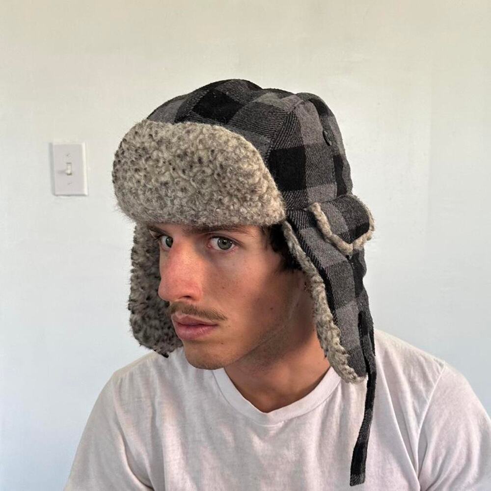 Vintage Y2K Black Plaid Fur Ushanka Trapper Flap Beanie Hat
